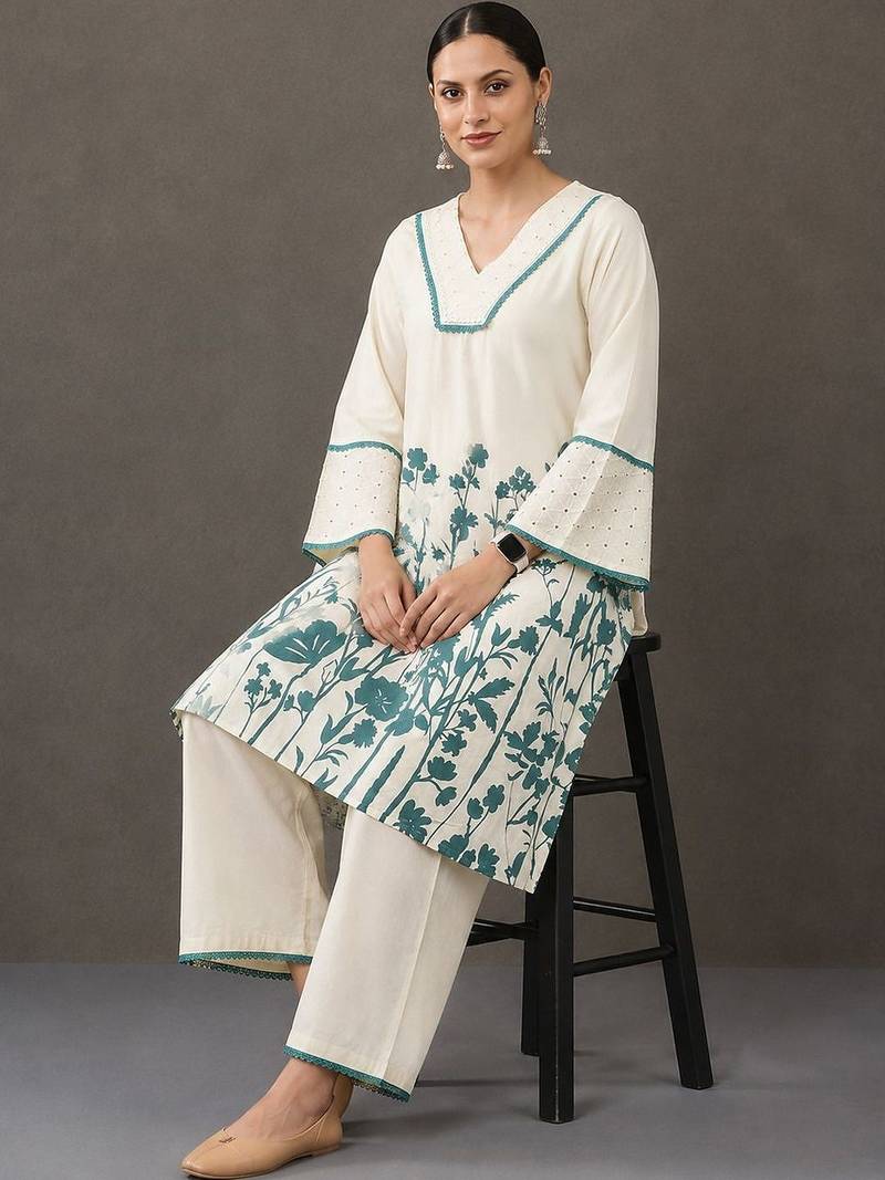 everyday workwear women floral printed regular cotton kurta with palazzos