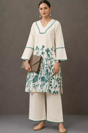 everyday workwear women floral printed regular cotton kurta with palazzos