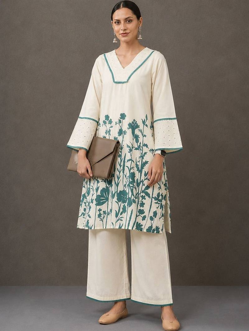 everyday workwear women floral printed regular cotton kurta with palazzos