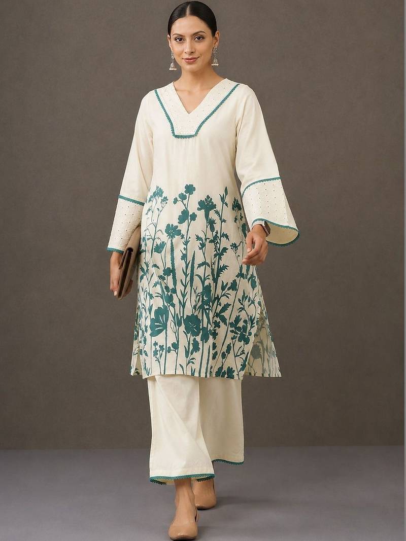 everyday workwear women floral printed regular cotton kurta with palazzos