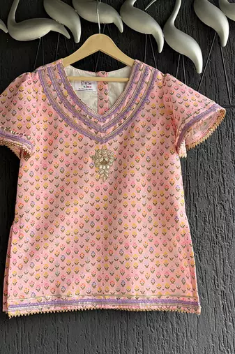 Pink lavander printed cotton silk kurta dhoti set