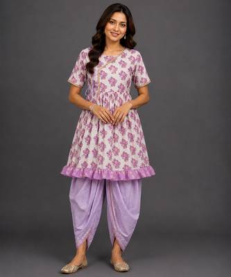 Purple printed cotton silk kurta dhoti set 1