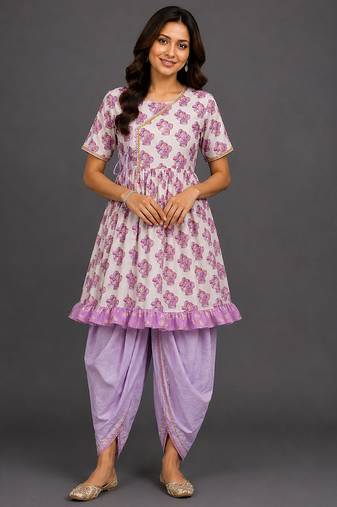 Purple printed cotton silk kurta dhoti set