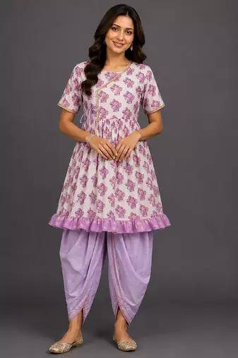 Purple printed cotton silk kurta dhoti set