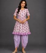 Purple printed cotton silk kurta dhoti set