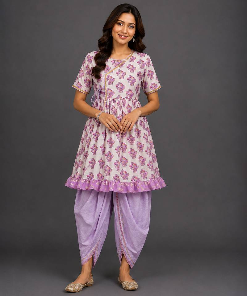 Purple printed cotton silk kurta dhoti set