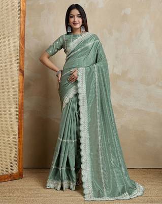 green ethnic motifs embroidered saree 2