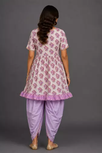 Purple printed cotton silk kurta dhoti set