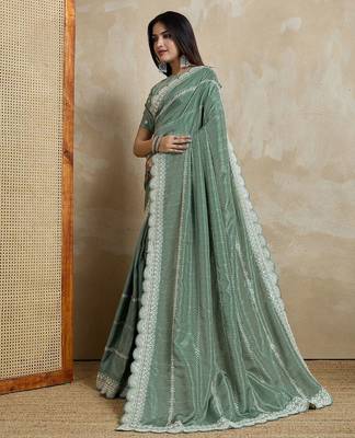 green ethnic motifs embroidered saree 3