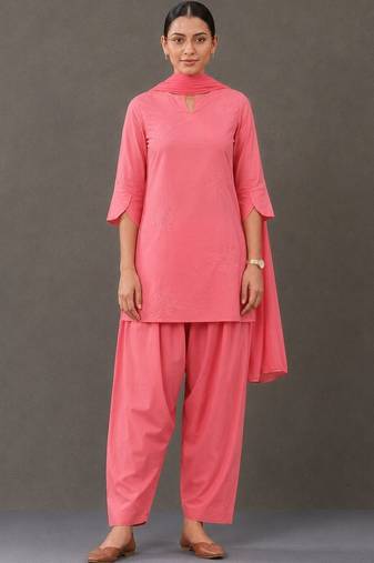 smart women embroidered regular thread work cotton kurta with patiala & with dupatta