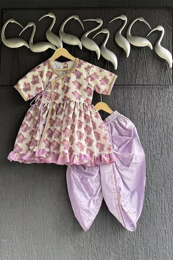 Purple printed cotton silk kurta dhoti set