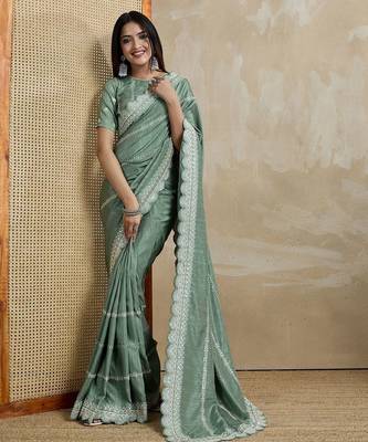 green ethnic motifs embroidered saree 5