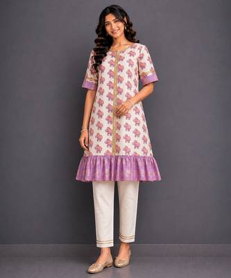 Off white purple printed cotton silk kurta set 1