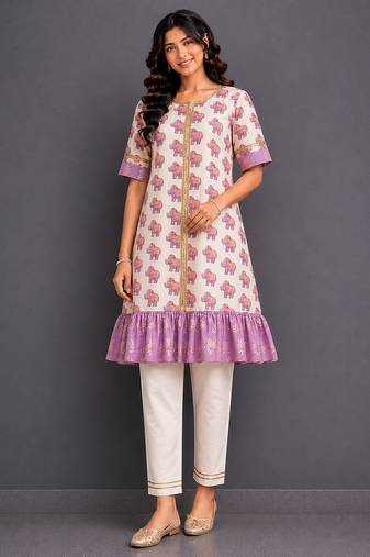 Off white purple printed cotton silk kurta set