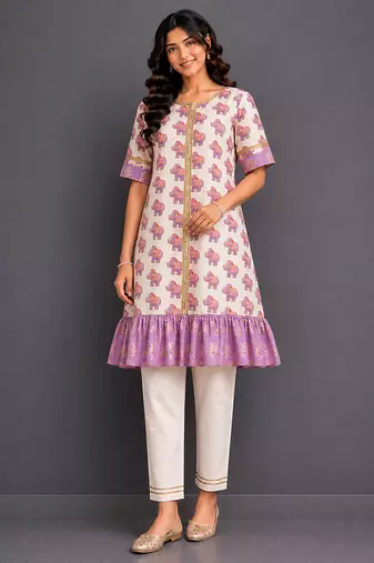 Off white purple printed cotton silk kurta set
