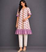 Off white purple printed cotton silk kurta set