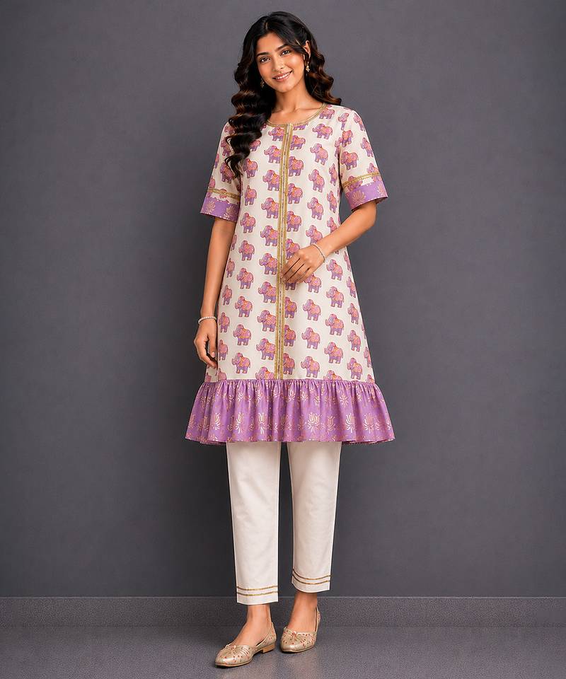 Off white purple printed cotton silk kurta set