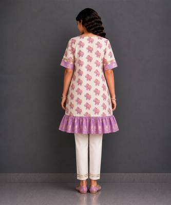 Off white purple printed cotton silk kurta set 2