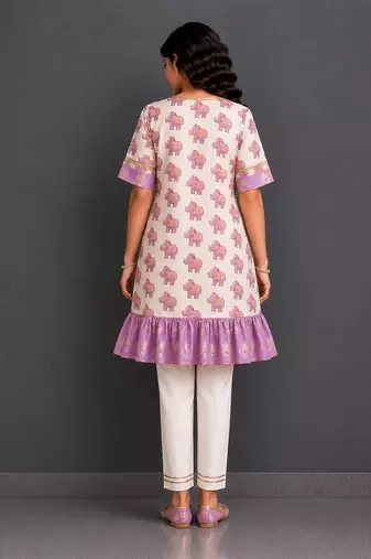 Off white purple printed cotton silk kurta set