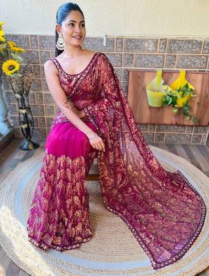 magenta embellished sequinned net saree with blouse piece 2