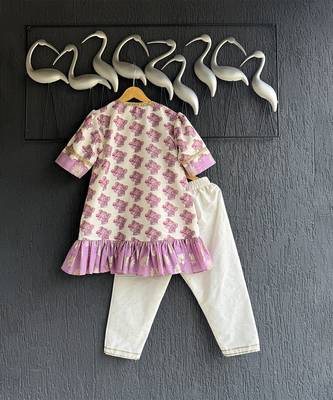 Off white purple printed cotton silk kurta set 3