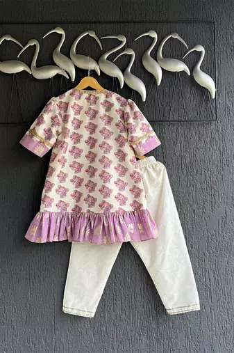 Off white purple printed cotton silk kurta set