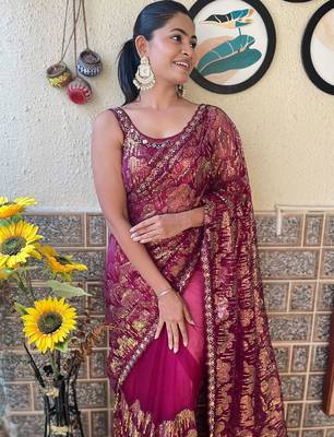 magenta embellished sequinned net saree with blouse piece 3