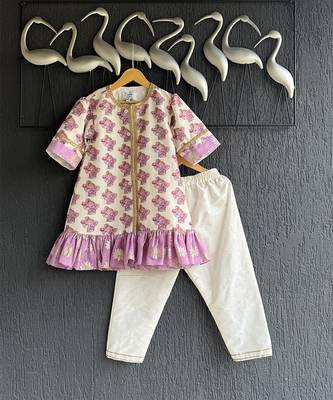 Off white purple printed cotton silk kurta set 4