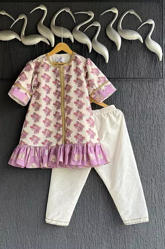 Off white purple printed cotton silk kurta set
