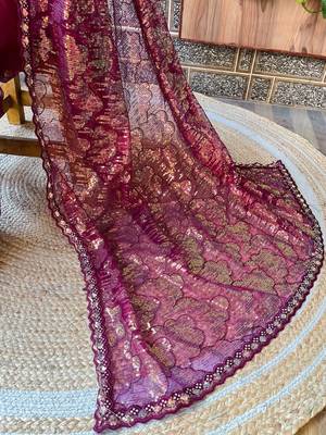 magenta embellished sequinned net saree with blouse piece 4