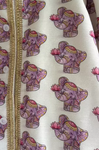 Off white purple printed cotton silk kurta set