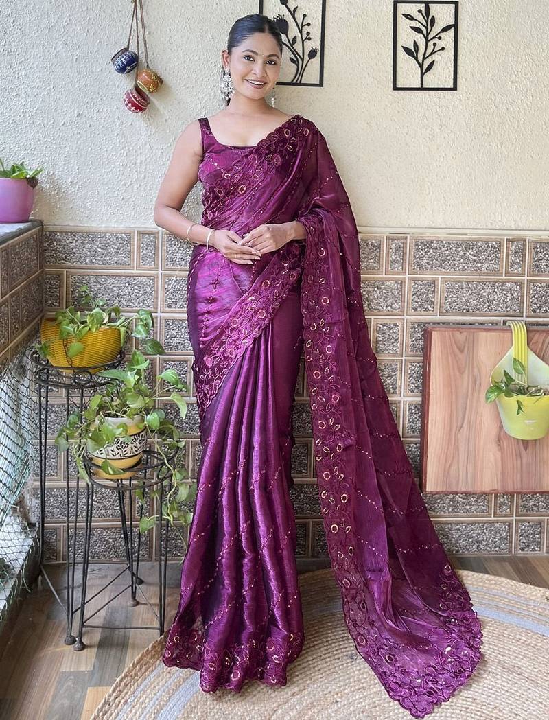 magenta embellished sequinned organza saree