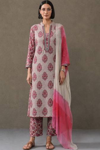 formal women floral printed regular cotton kurta with trousers & with dupatta