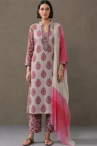 formal women floral printed regular cotton kurta with trousers & with dupatta