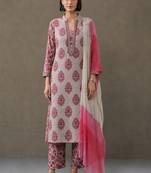 formal women floral printed regular cotton kurta with trousers & with dupatta