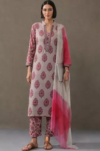 formal women floral printed regular cotton kurta with trousers & with dupatta