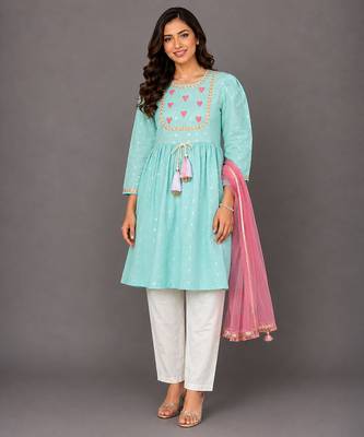 Blue and pink embroidered cotton silk kurta set 1