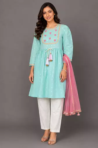Blue and pink embroidered cotton silk kurta set