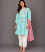 Blue and pink embroidered cotton silk kurta set