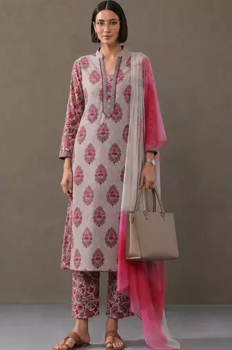 formal women floral printed regular cotton kurta with trousers & with dupatta