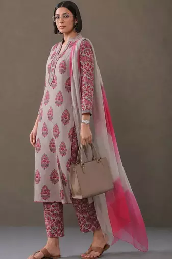 formal women floral printed regular cotton kurta with trousers & with dupatta