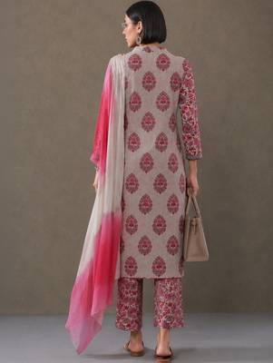 formal women floral printed regular cotton kurta with trousers & with dupatta 5