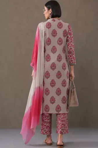 formal women floral printed regular cotton kurta with trousers & with dupatta