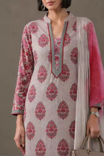 formal women floral printed regular cotton kurta with trousers & with dupatta