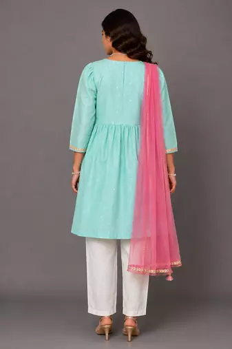 Blue and pink embroidered cotton silk kurta set