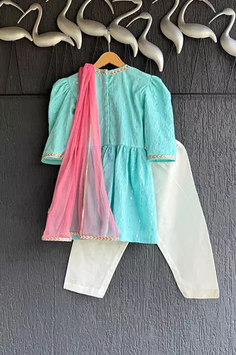 Blue and pink embroidered cotton silk kurta set