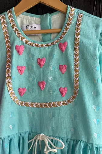 Blue and pink embroidered cotton silk kurta set