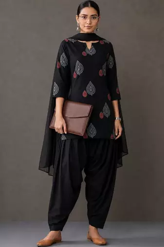 tailored women ethnic motifs printed regular cotton kurta with patiala & with dupatta