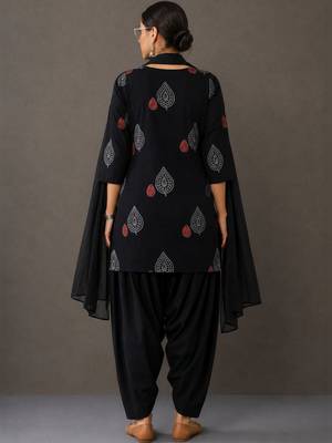 tailored women ethnic motifs printed regular cotton kurta with patiala & with dupatta 5