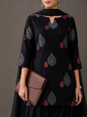 tailored women ethnic motifs printed regular cotton kurta with patiala & with dupatta 6